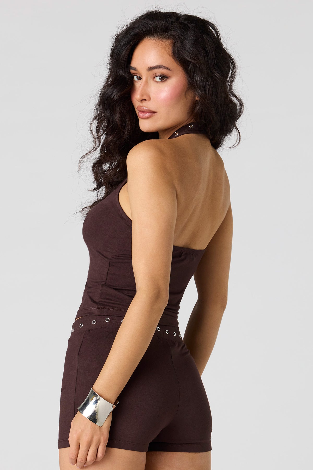 Alt View 3. Eyelet Halter Top - Brown