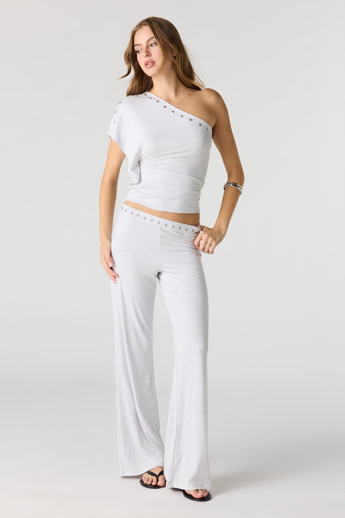 Alt View 3. Eyelet One Shoulder Top - Heather Grey