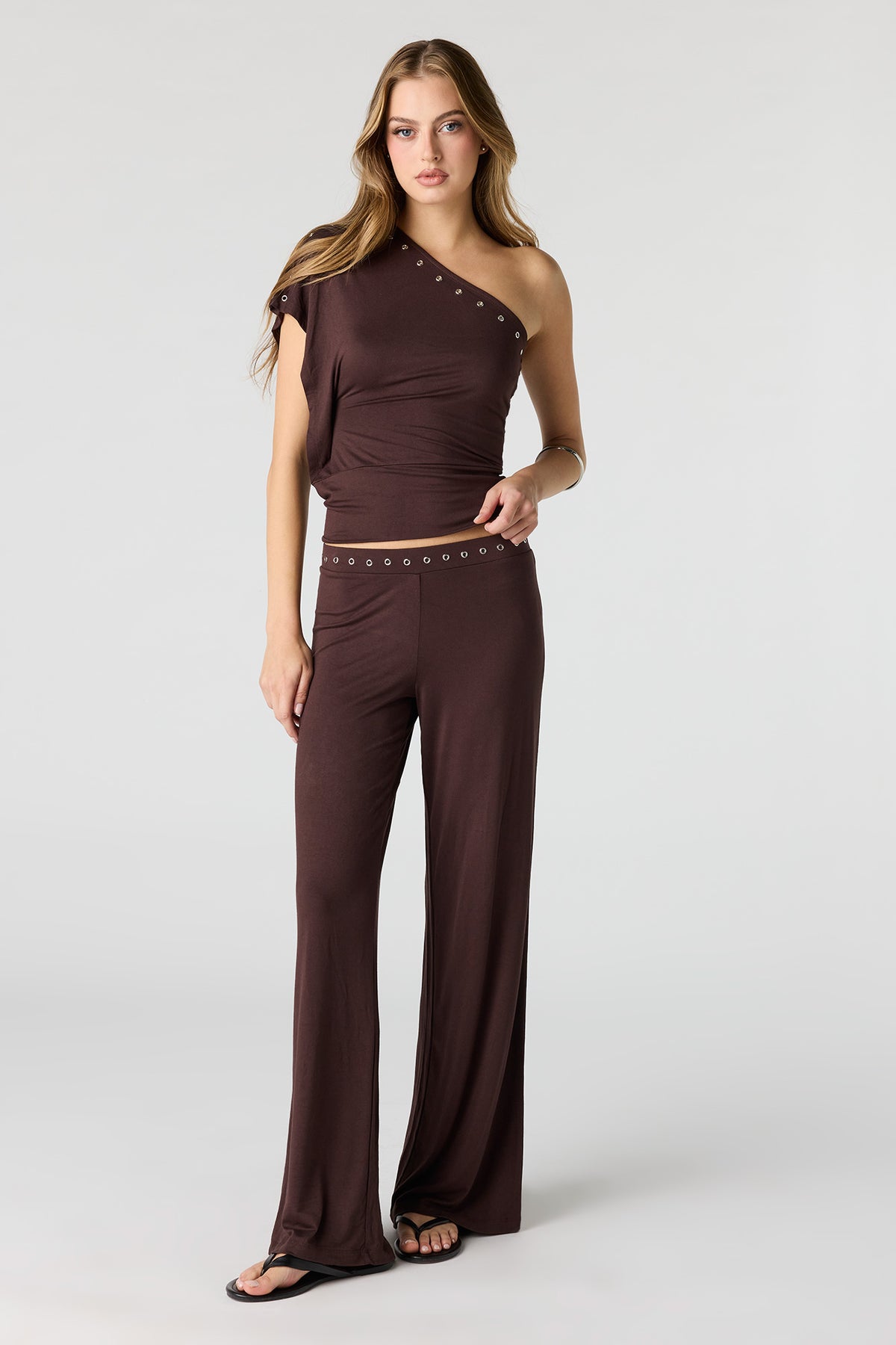 Alt View 3. Eyelet One Shoulder Top - Brown