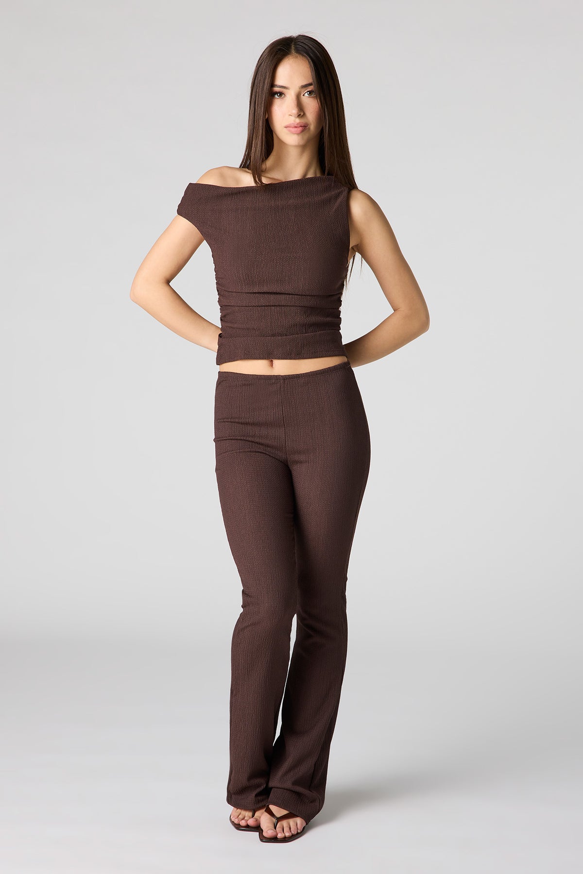 Alt View 3. Textured One Shoulder Top - Brown