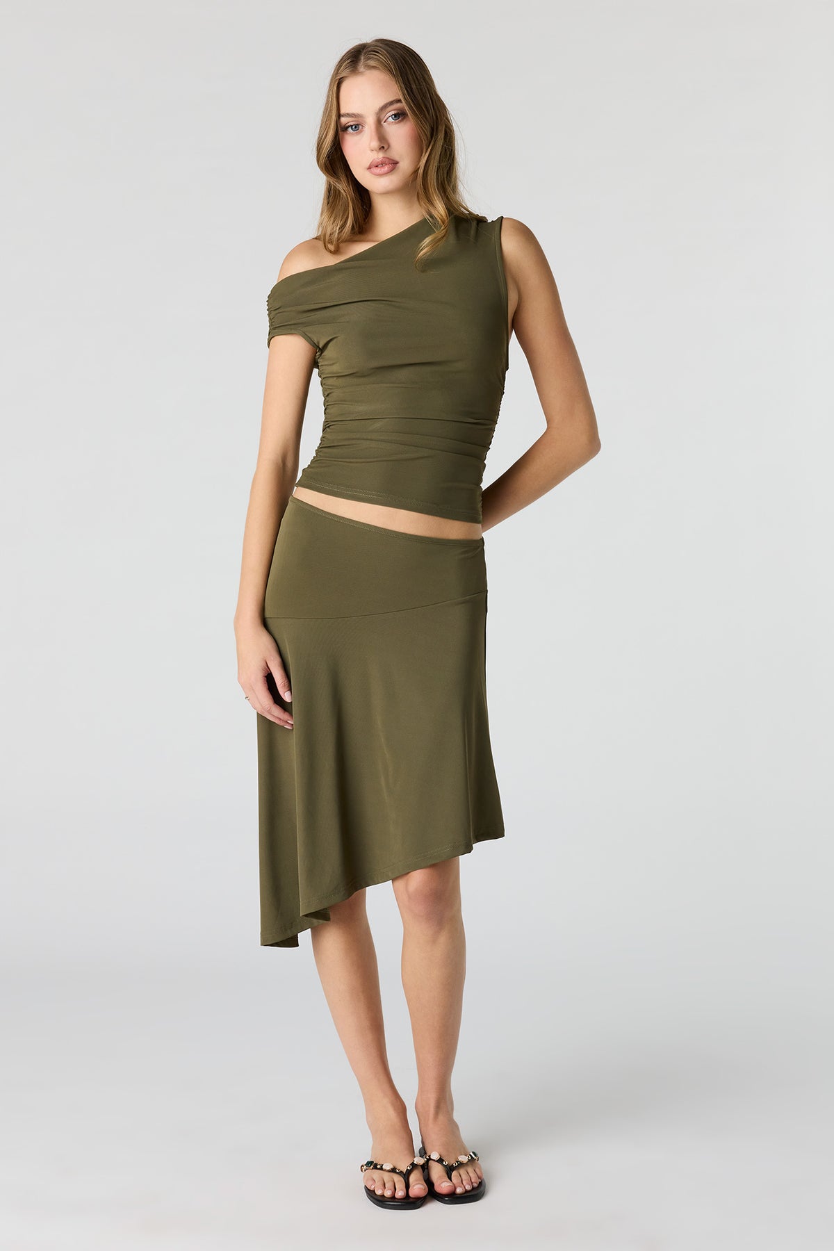 Alt View 4. Asymmetrical Midi Skirt - Dark Green