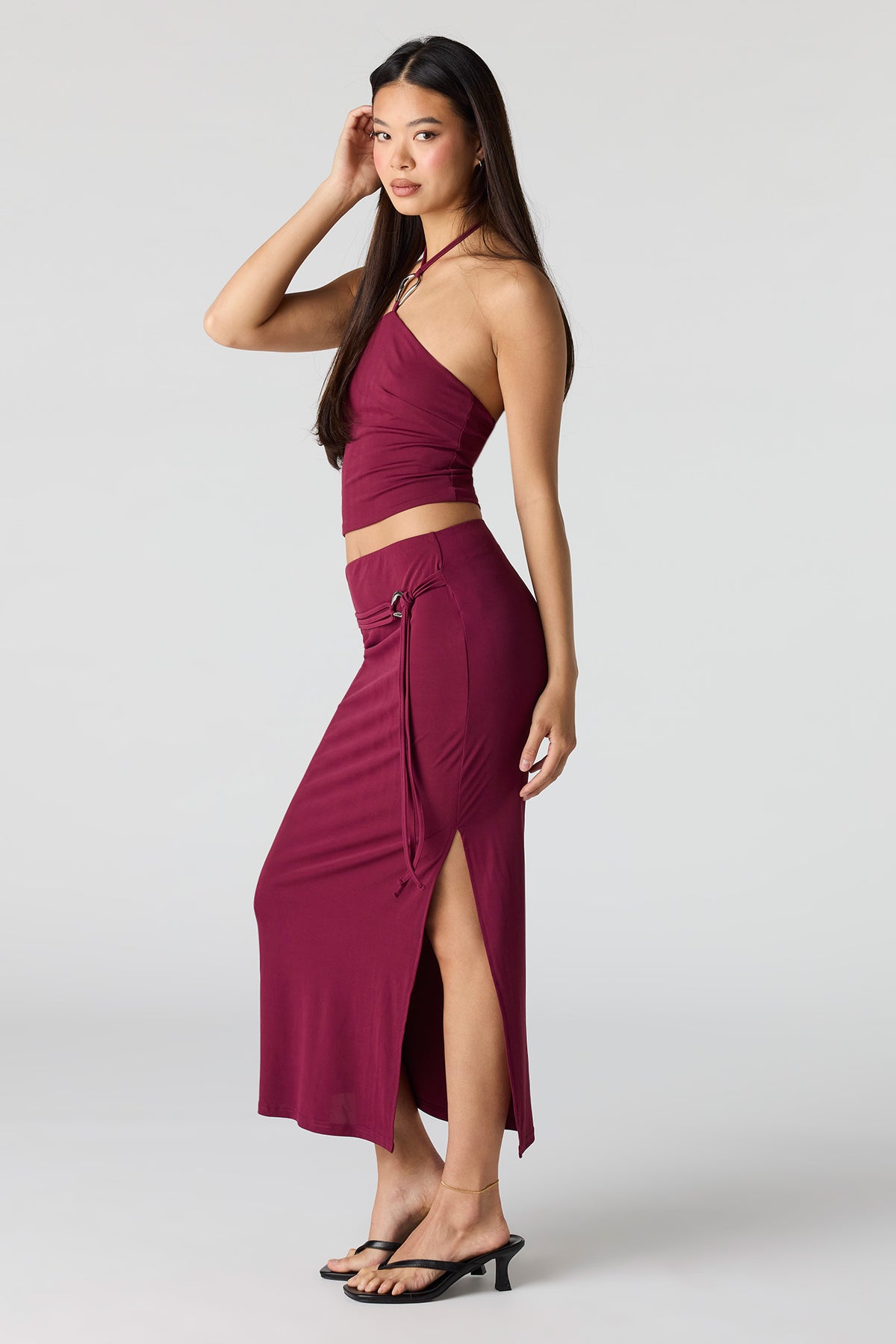 Alt View 3. Knit Belted Midi Skirt - Burgundy
