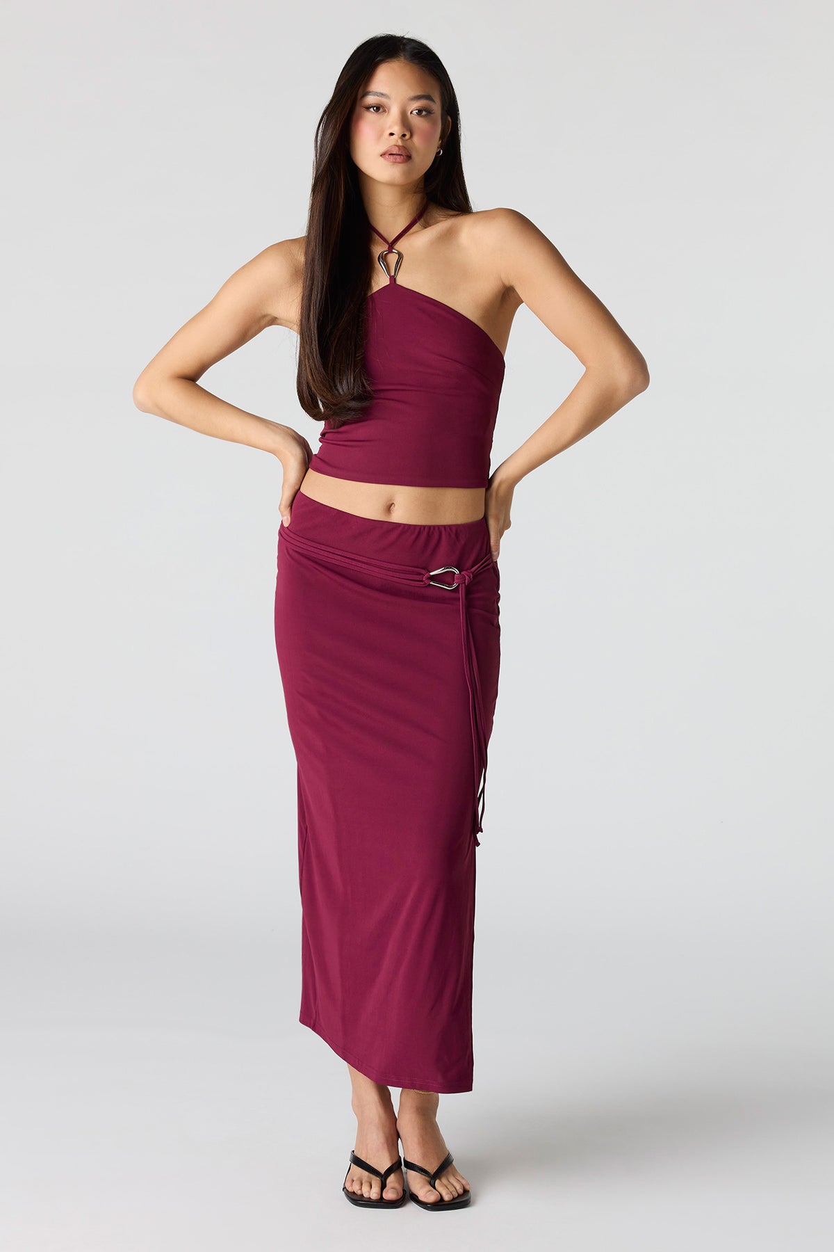 Alt View 4. Knit Belted Midi Skirt - Burgundy