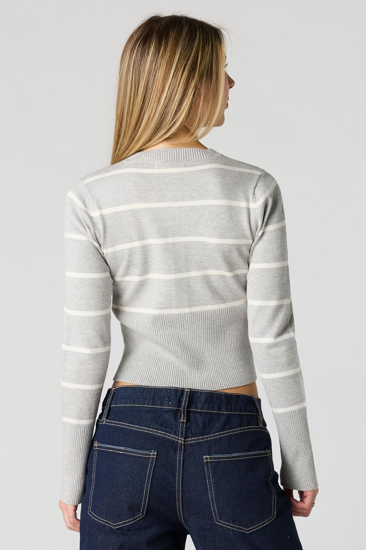 Alt View 2. Striped Knit Button-Up Cardigan - Heather Grey