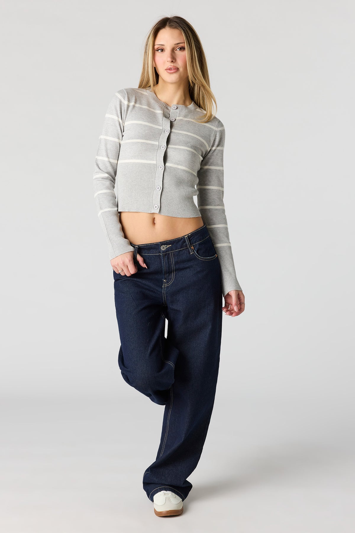 Alt View 3. Striped Knit Button-Up Cardigan - Heather Grey
