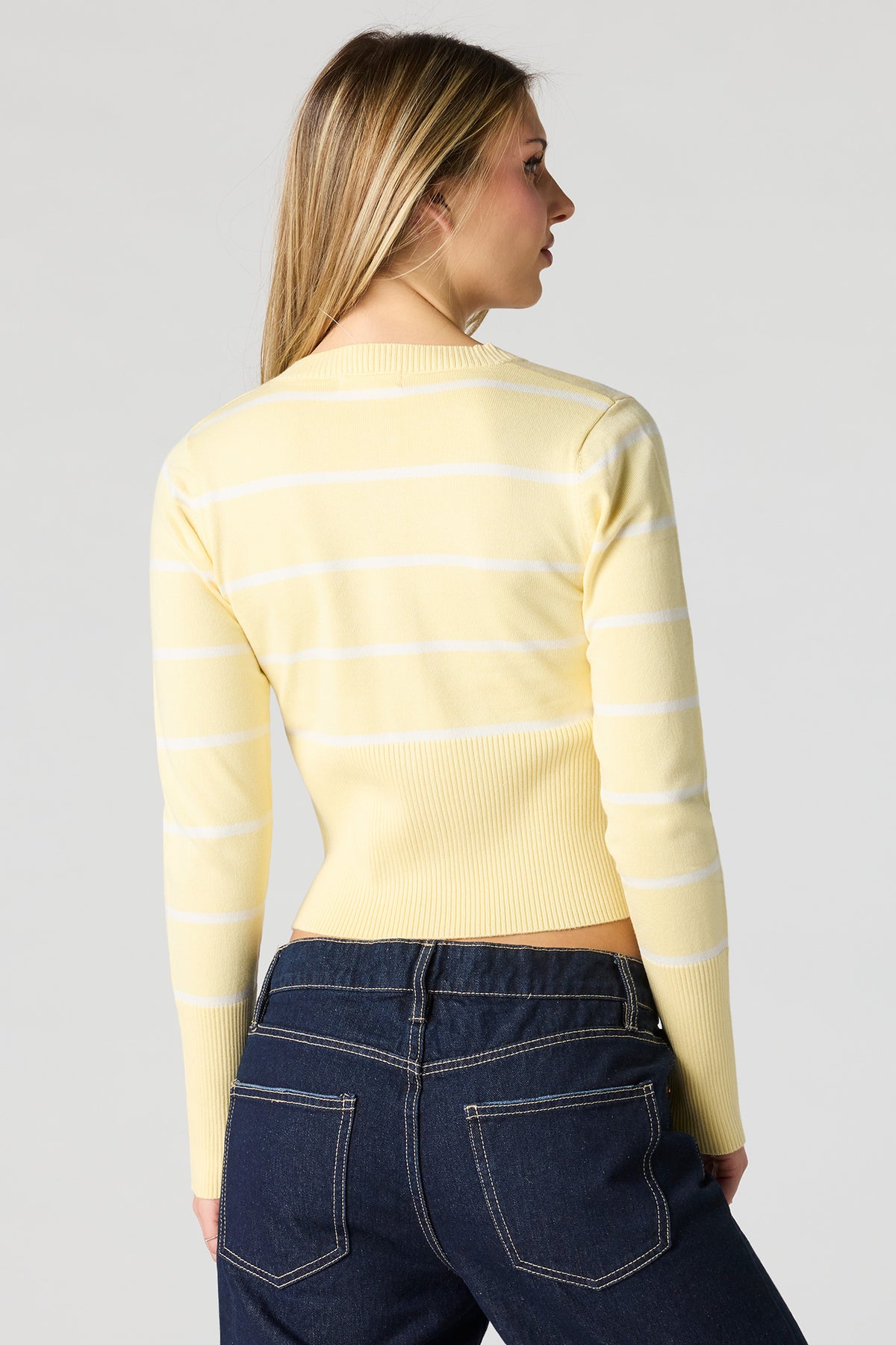 Alt View 2. Striped Knit Button-Up Cardigan - Yellow