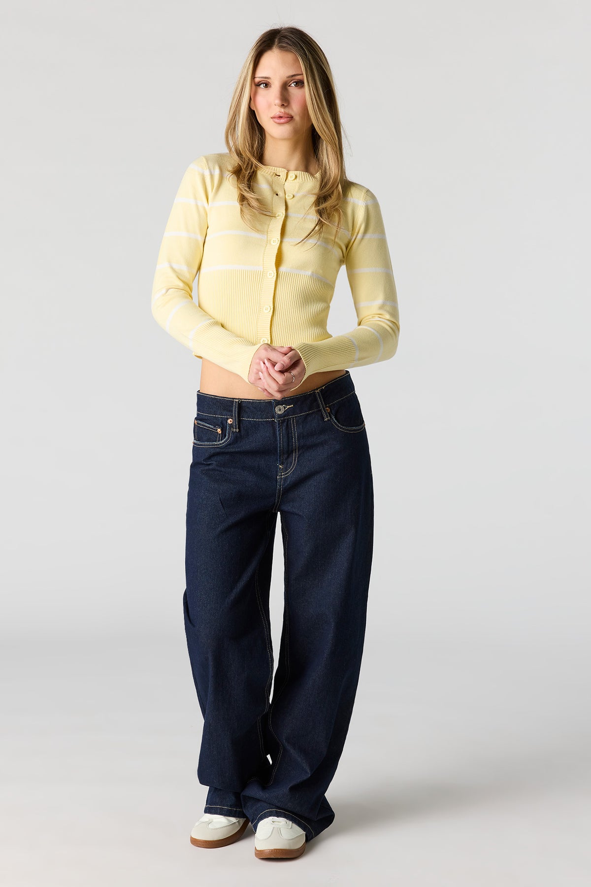 Alt View 3. Striped Knit Button-Up Cardigan - Yellow