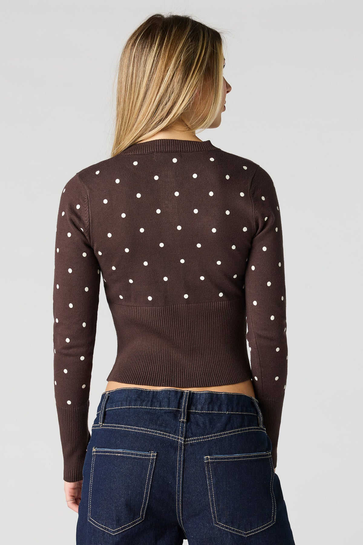 Alt View 2. Polka Dot Knit Button-Up Cardigan - Brown