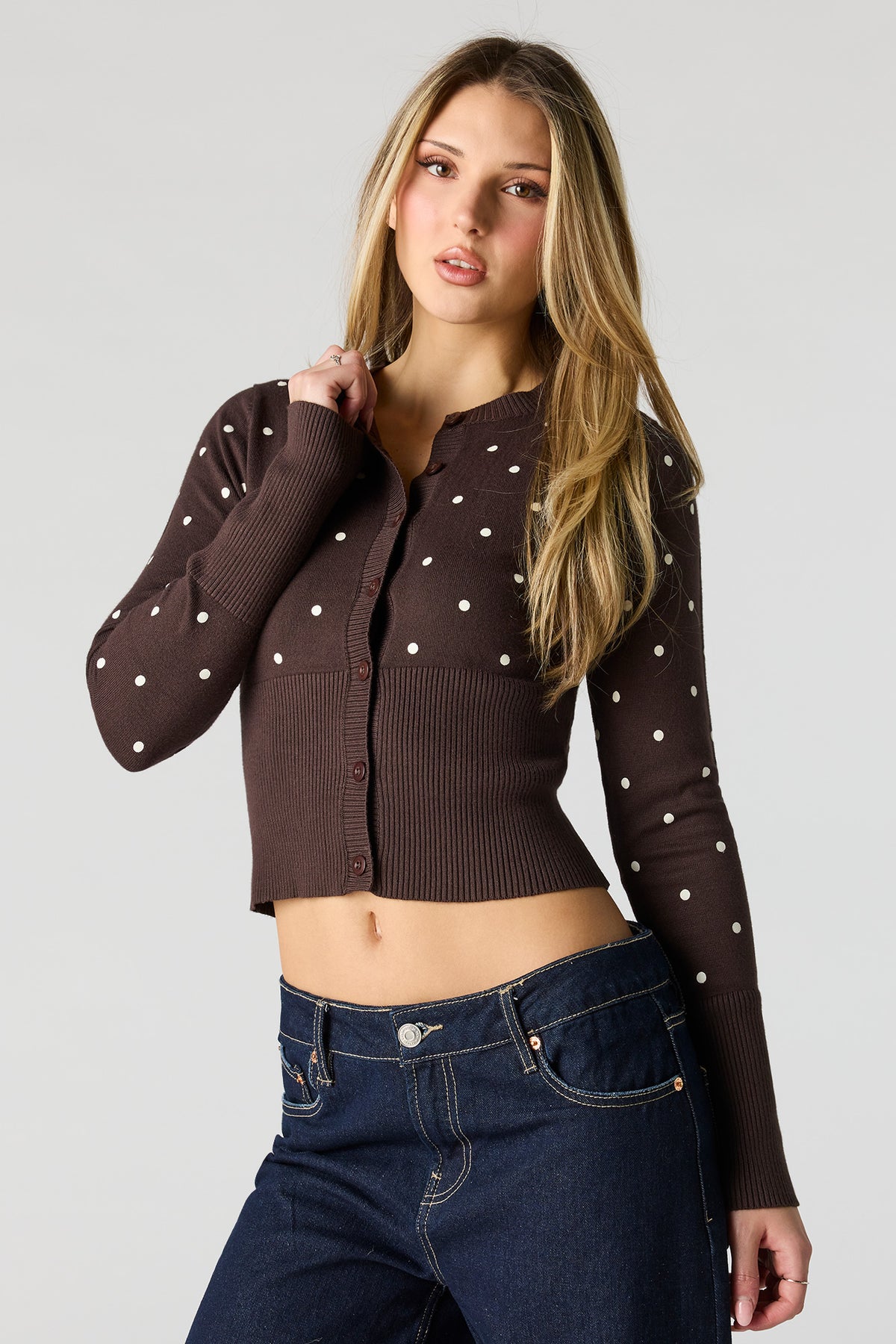 Alt View 4. Polka Dot Knit Button-Up Cardigan - Brown