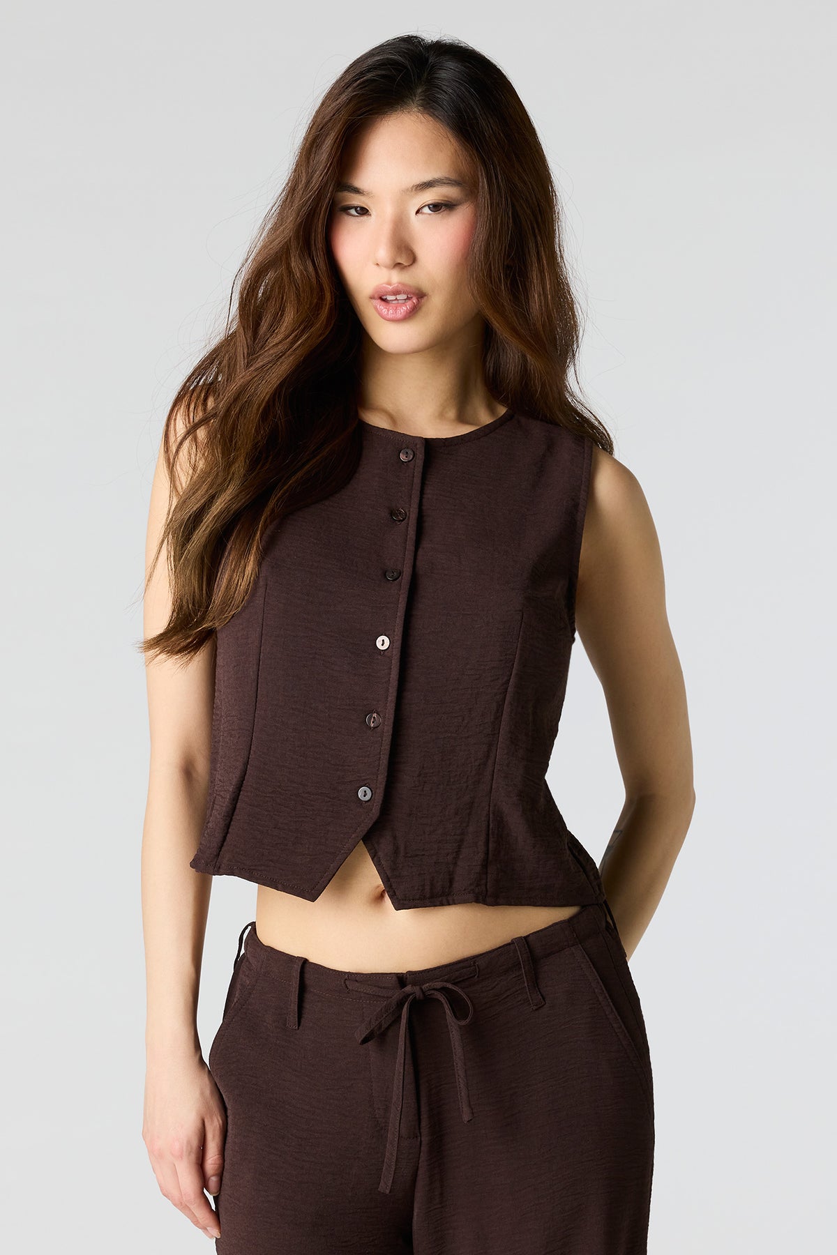 Flowy Button-Up Vest - Brown
