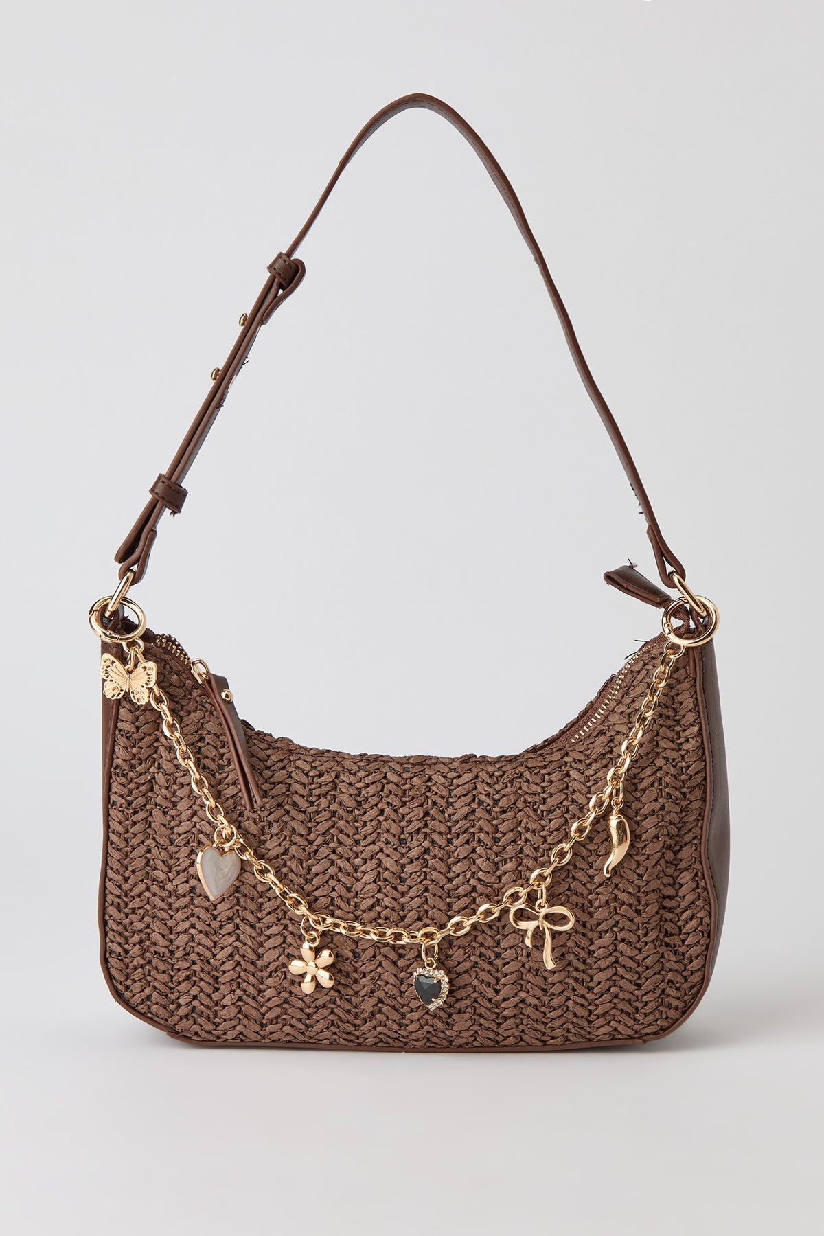 Raffia Charm Shoulder Bag - Brown