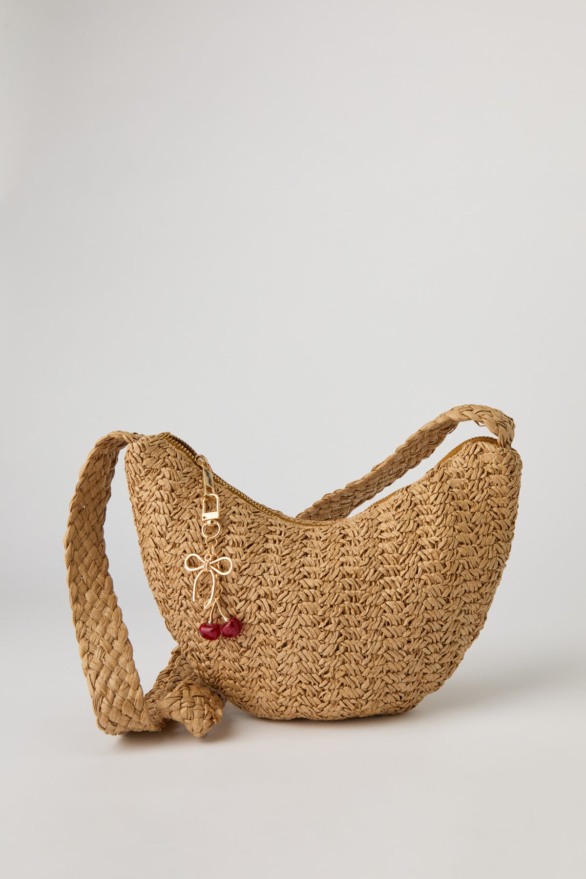Raffia Crossbody Bag with Keychain - Natural