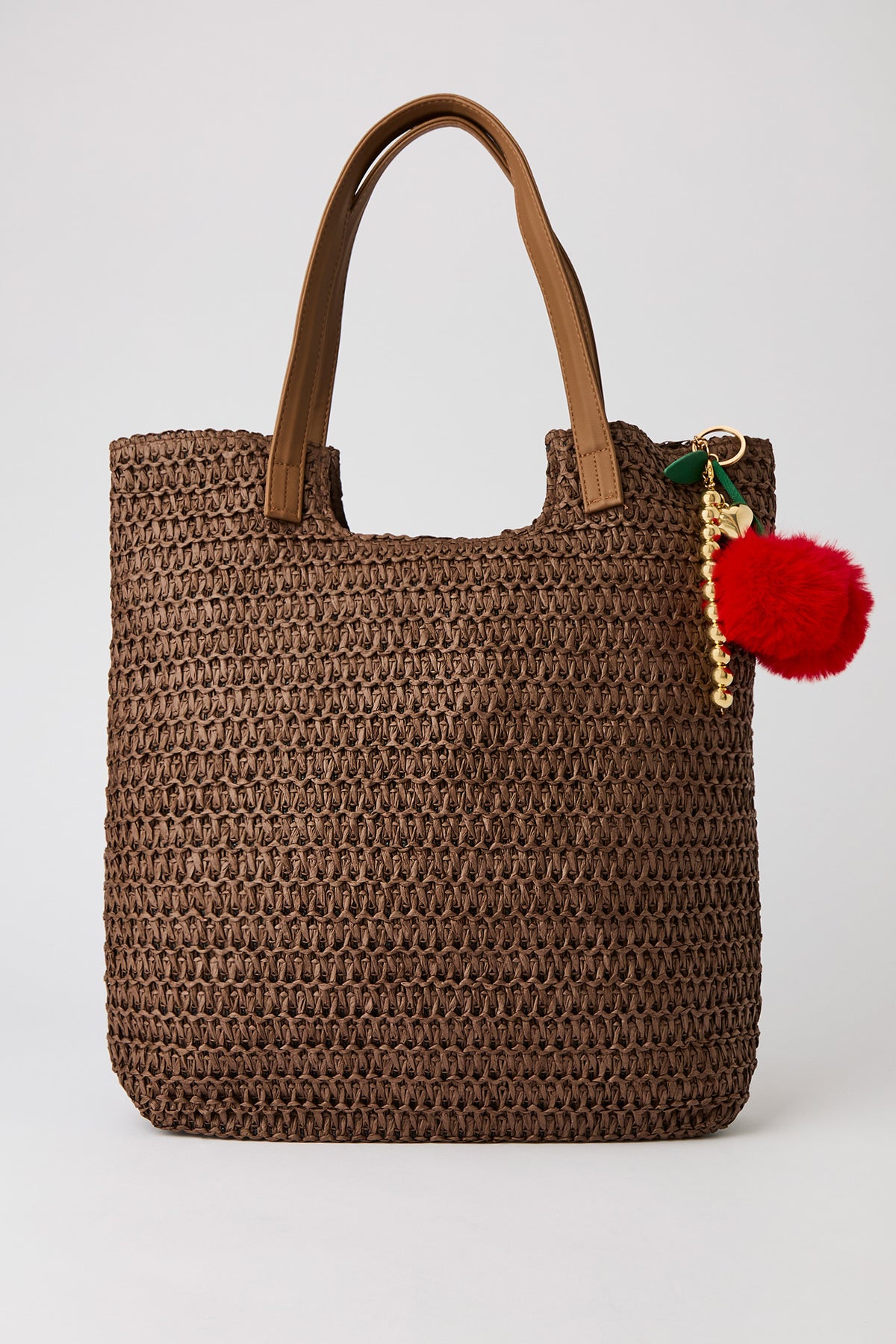 Straw Tote Bag with Keychain - Brown