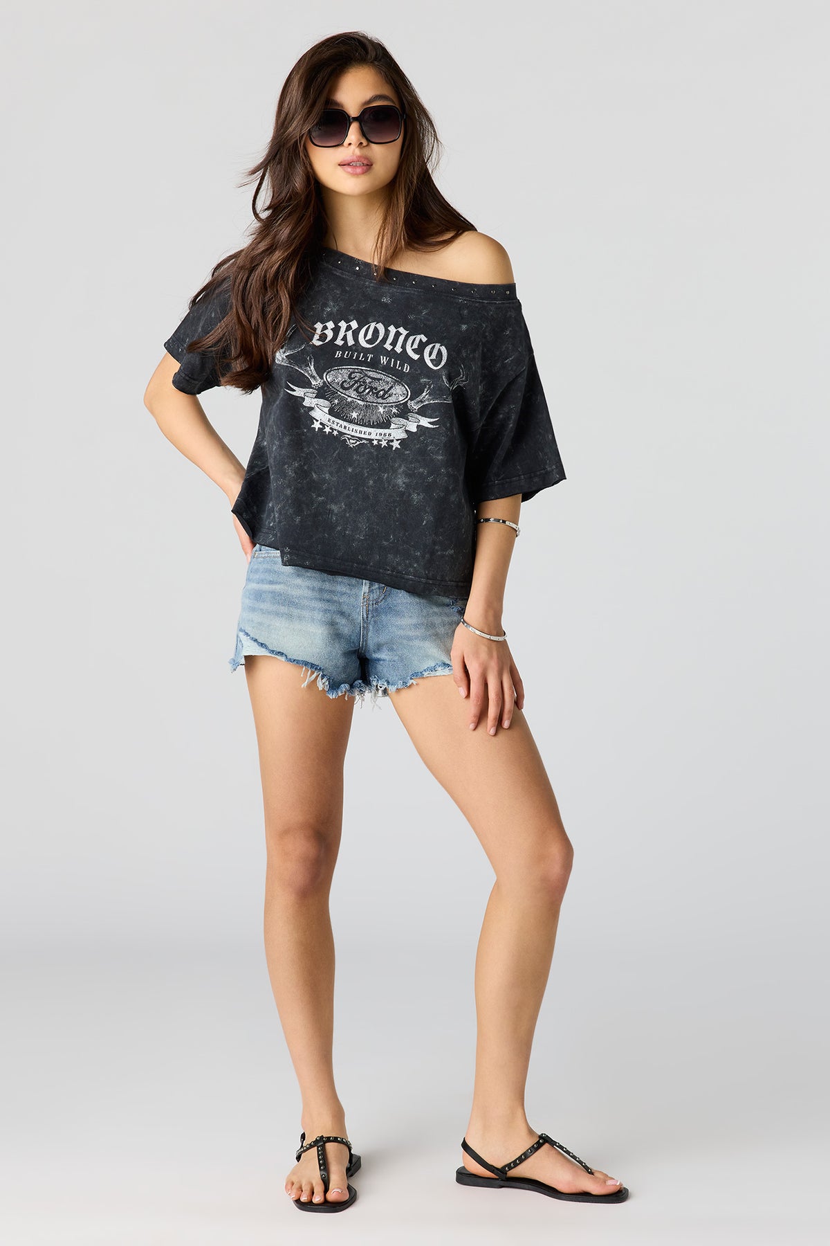 Alt View 3. Ford Studded Graphic Off Shoulder T-Shirt - Black