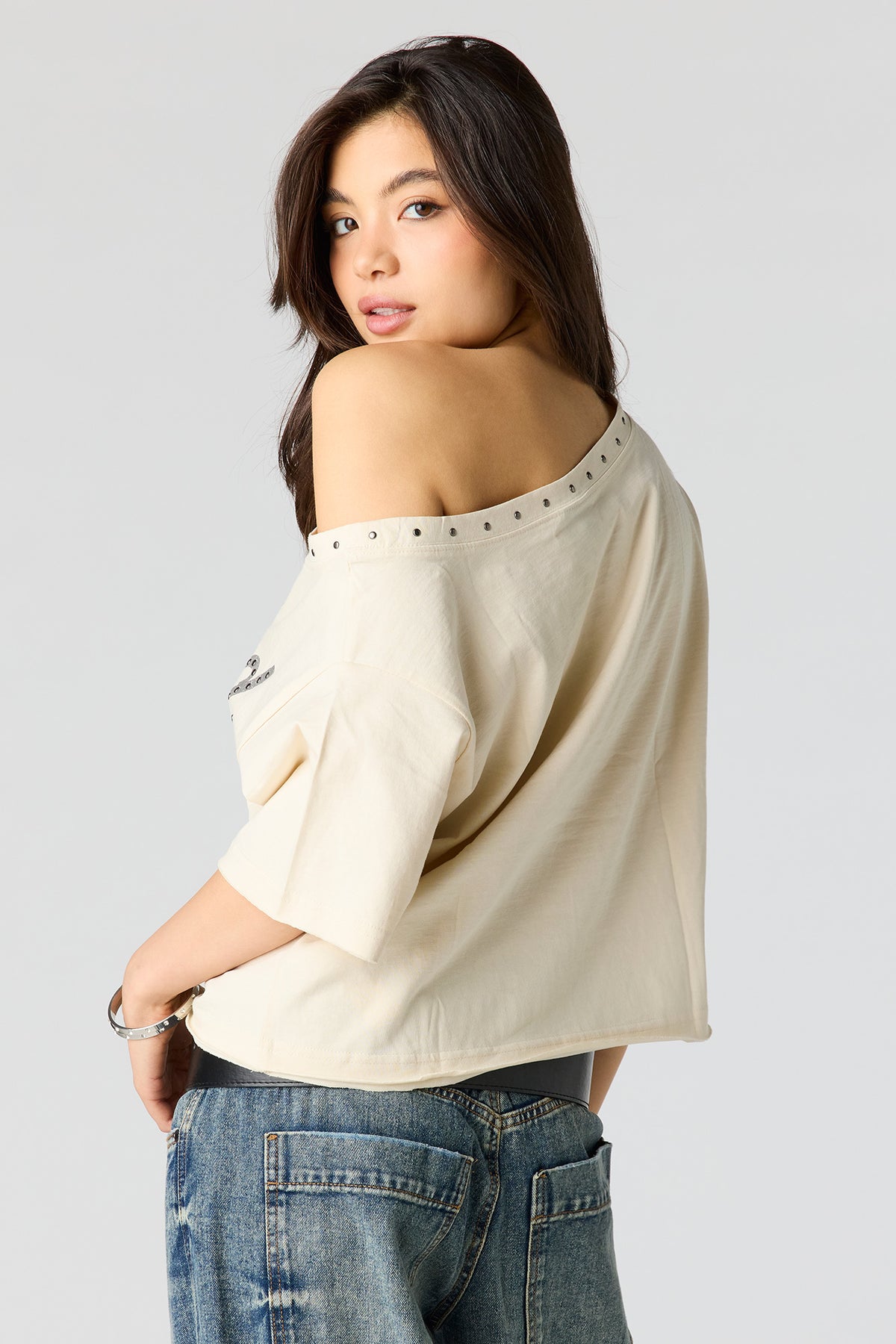 Alt View 2. Ford Studded Graphic Off Shoulder T-Shirt - Ivory