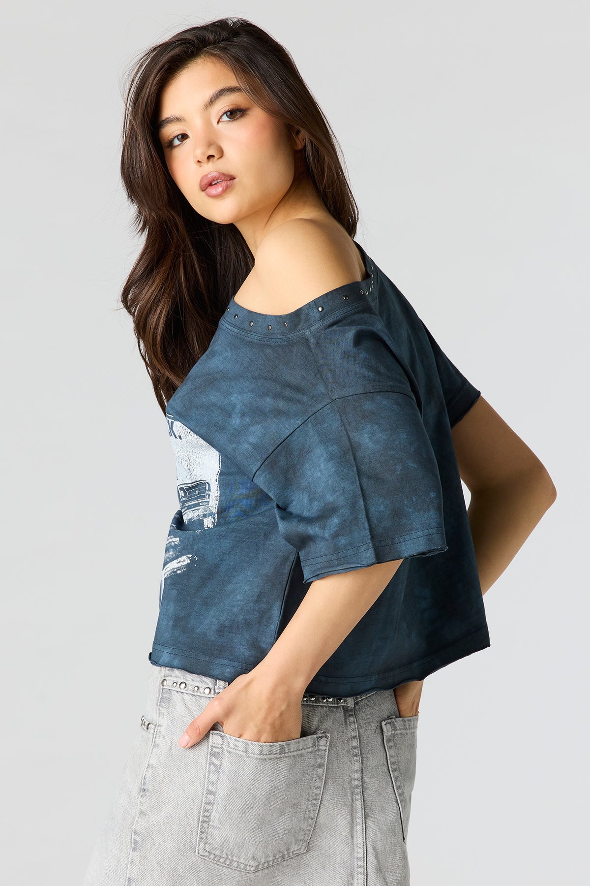 Alt View 2. Ford Studded Graphic Off Shoulder T-Shirt - Blue