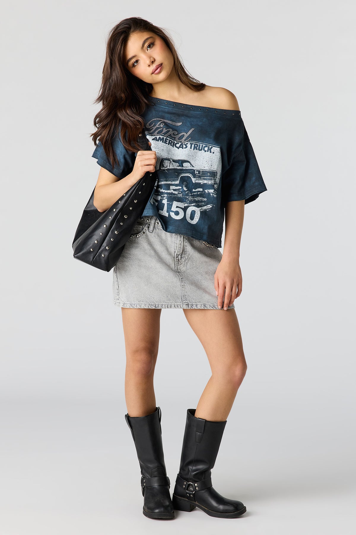 Alt View 3. Ford Studded Graphic Off Shoulder T-Shirt - Blue