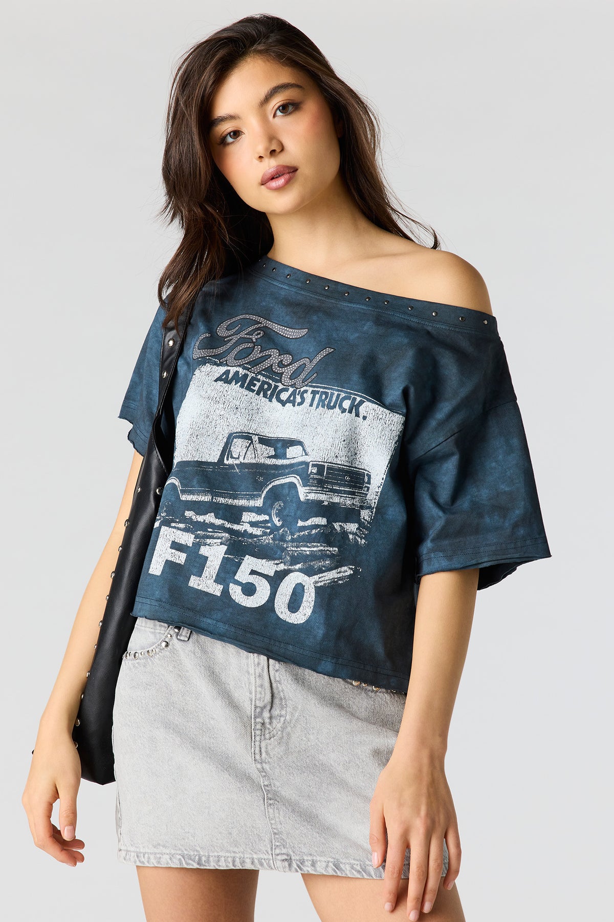 Ford Studded Graphic Off Shoulder T-Shirt - Blue