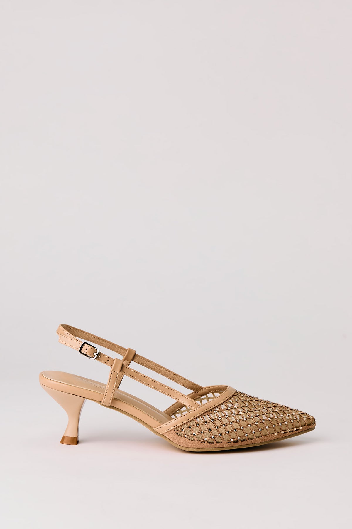 Mesh Rhinestone Kitten Heeled Slingback - Natural
