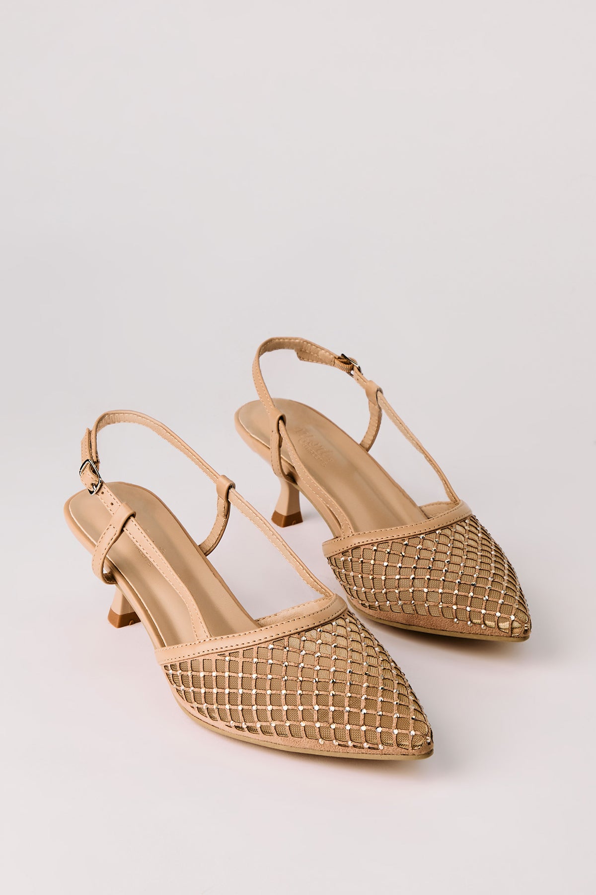 Alt View 2. Mesh Rhinestone Kitten Heeled Slingback - Natural