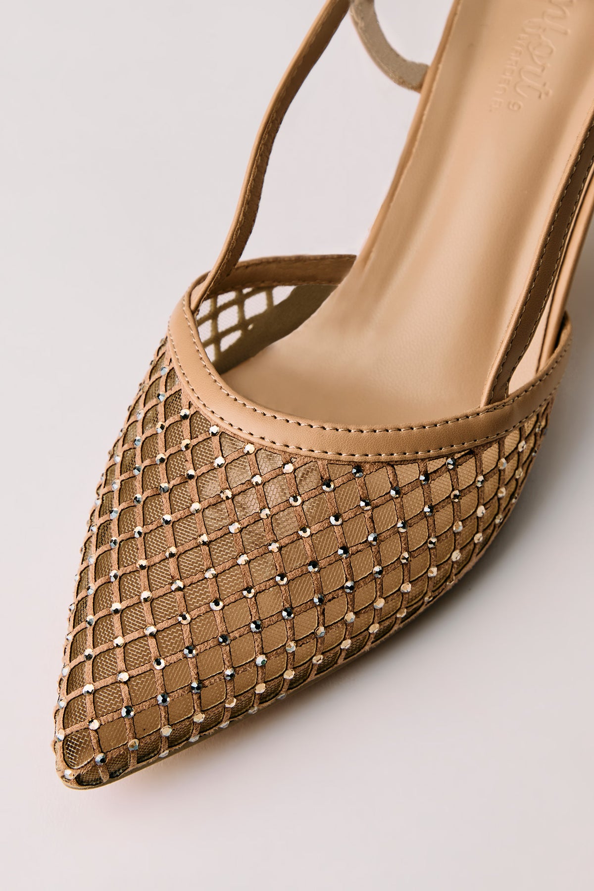 Alt View 3. Mesh Rhinestone Kitten Heeled Slingback - Natural