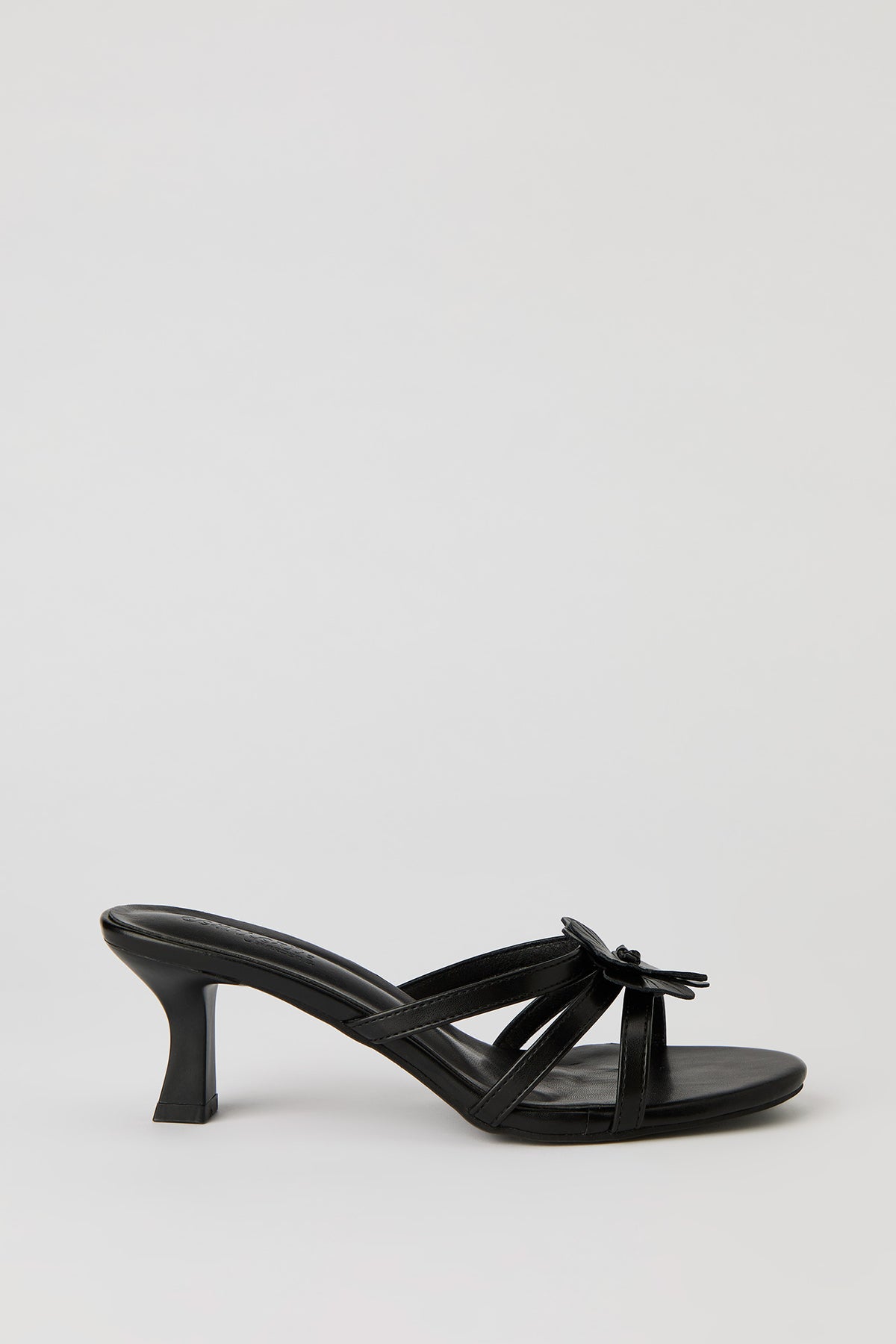 Faux Leather Flower Strappy Kitten Heel - Black
