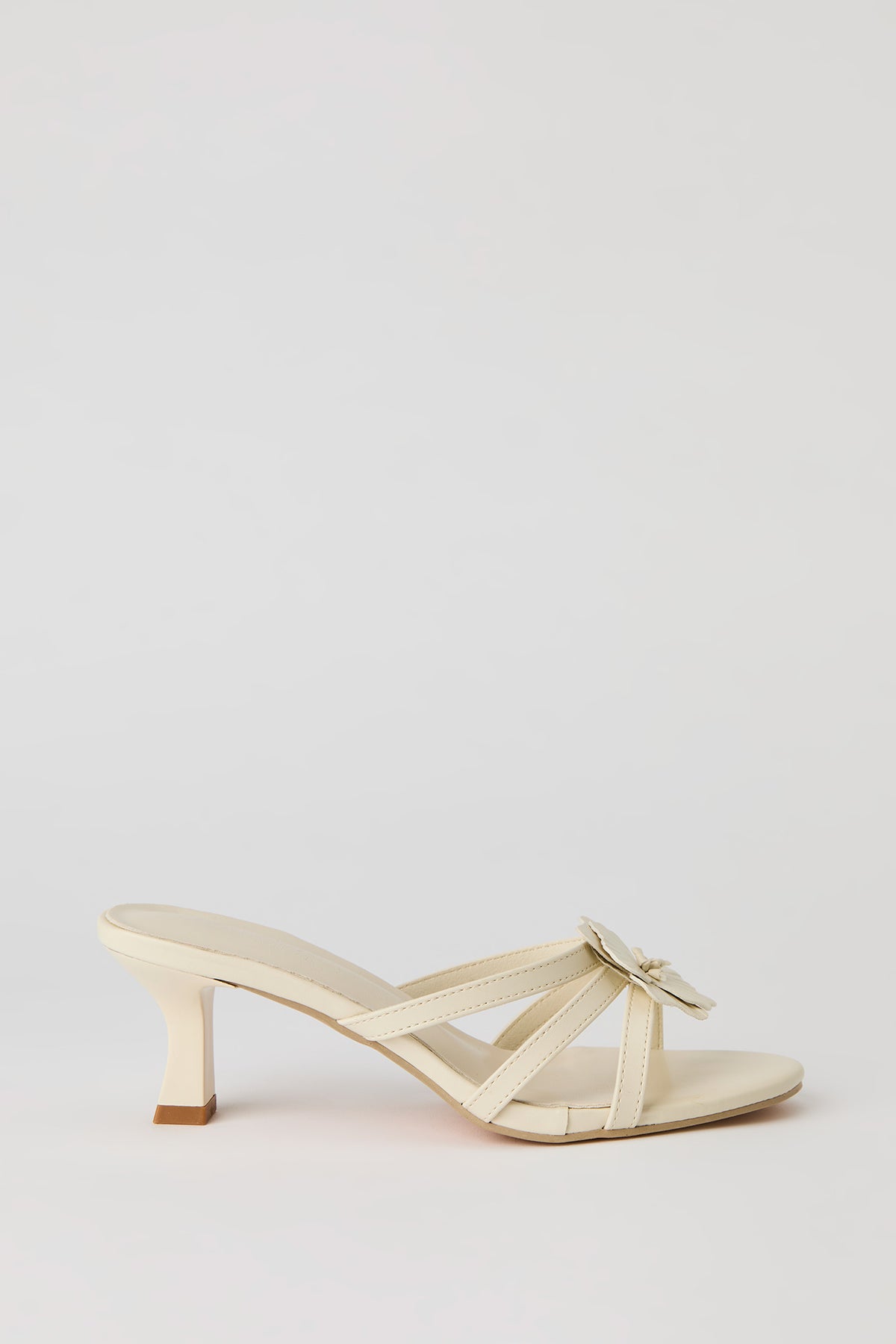 Faux Leather Flower Strappy Kitten Heel - Ivory