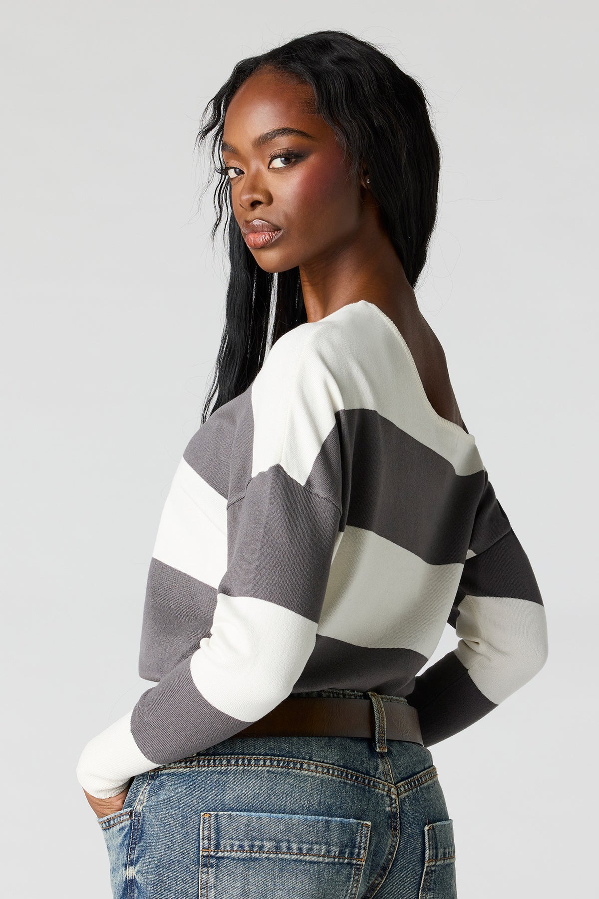 Alt View 2. Striped Off-Shoulder Sweater - Charcoal