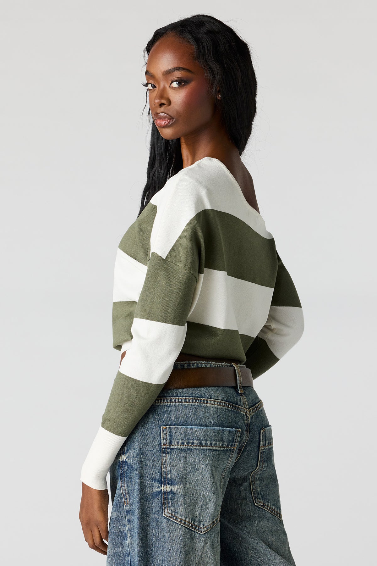 Alt View 2. Striped Off-Shoulder Sweater - Sage