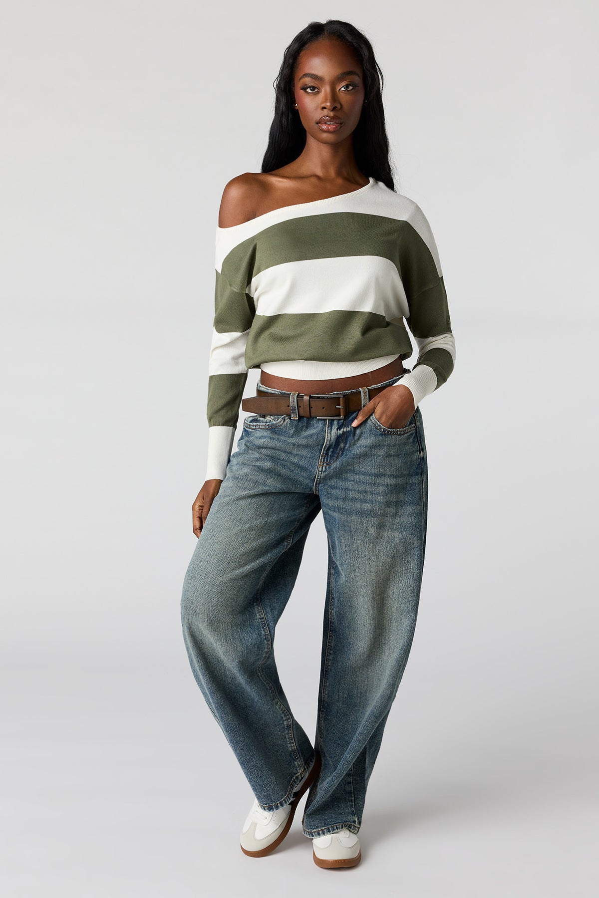 Alt View 3. Striped Off-Shoulder Sweater - Sage