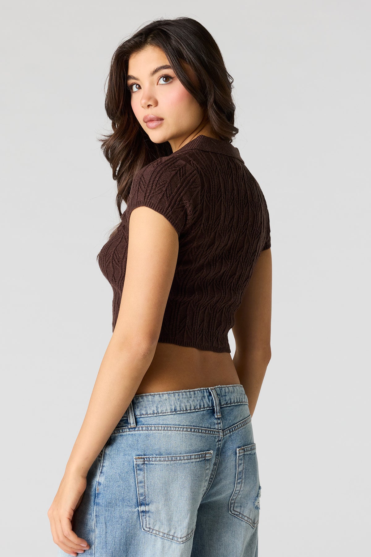 Alt View 2. Crochet Button-Up Collared Top - Brown