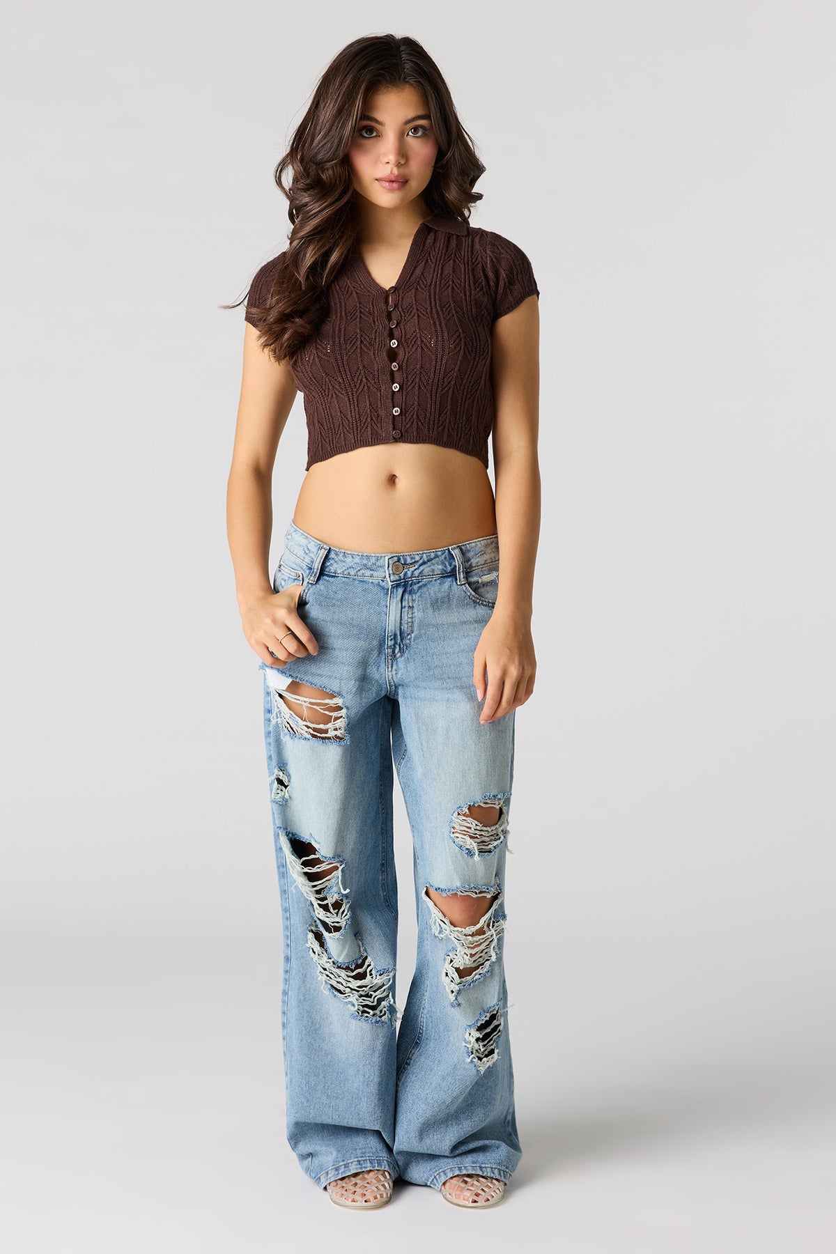 Alt View 3. Crochet Button-Up Collared Top - Brown