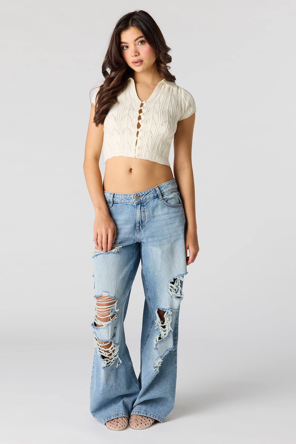 Alt View 3. Crochet Button-Up Collared Top - Ivory