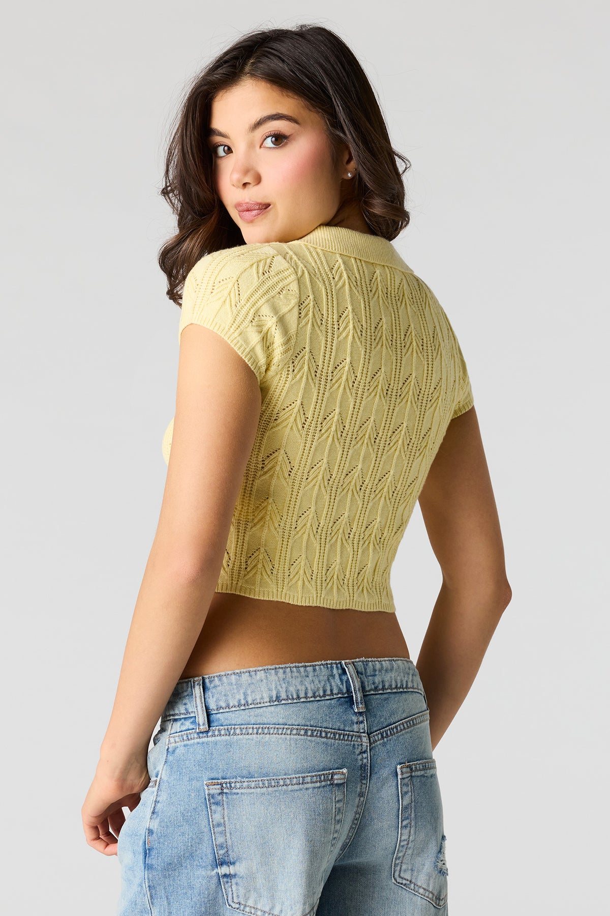 Alt View 2. Crochet Button-Up Collared Top - Pale Yellow