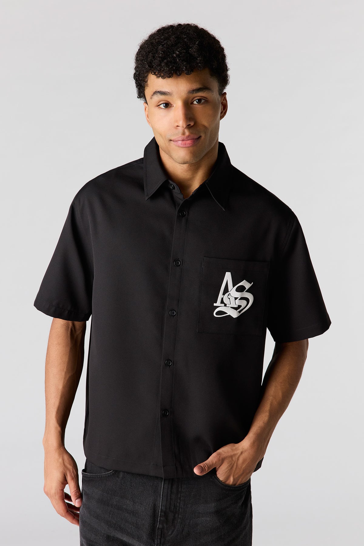 Graphic Boxy Button-Up Top - Black