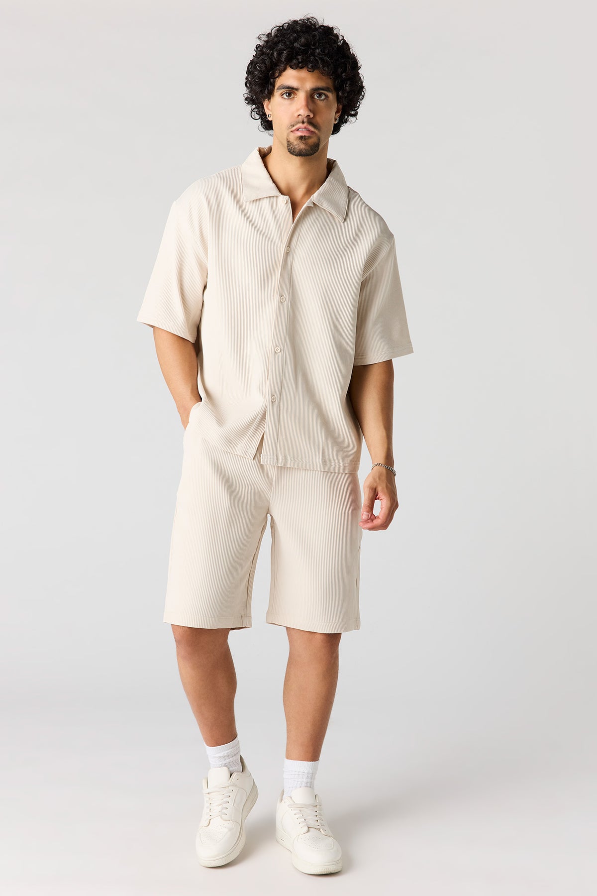Alt View 3. Textured Button-Up Collared Boxy Top - Natural