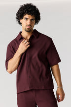 Textured Button-Up Collared Boxy Top