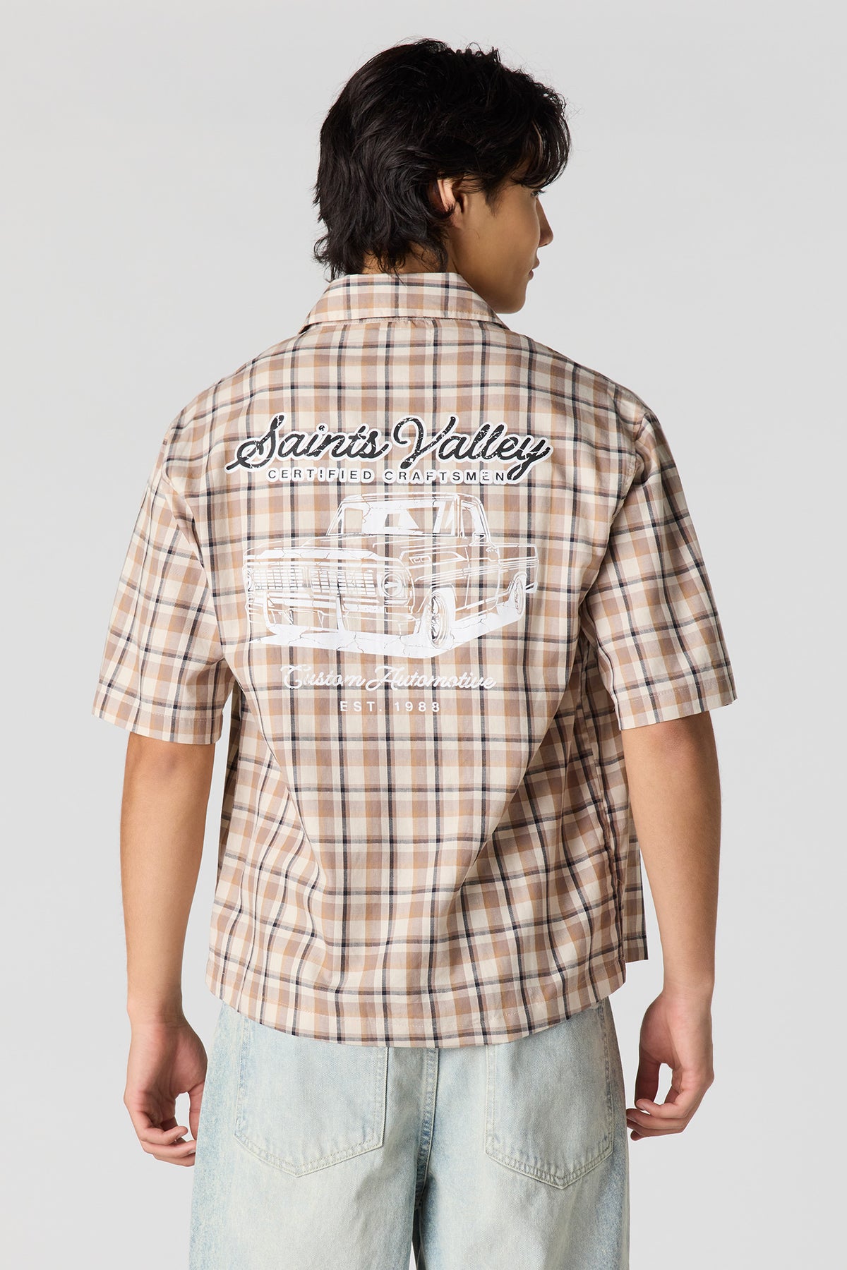 Alt View 2. Boxy Plaid Graphic Button-Up Top - Tan