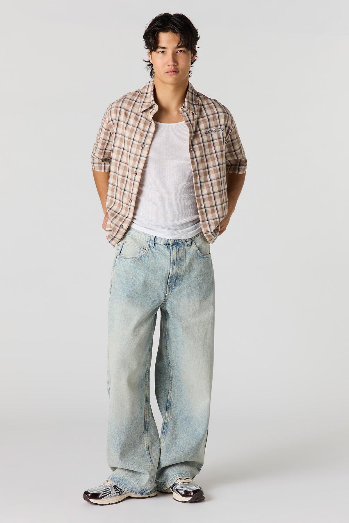 Alt View 3. Boxy Plaid Graphic Button-Up Top - Tan