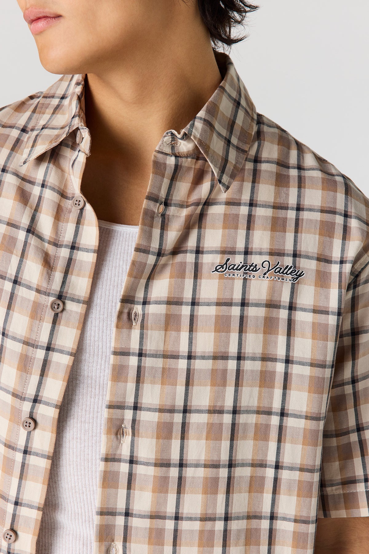 Alt View 4. Boxy Plaid Graphic Button-Up Top - Tan