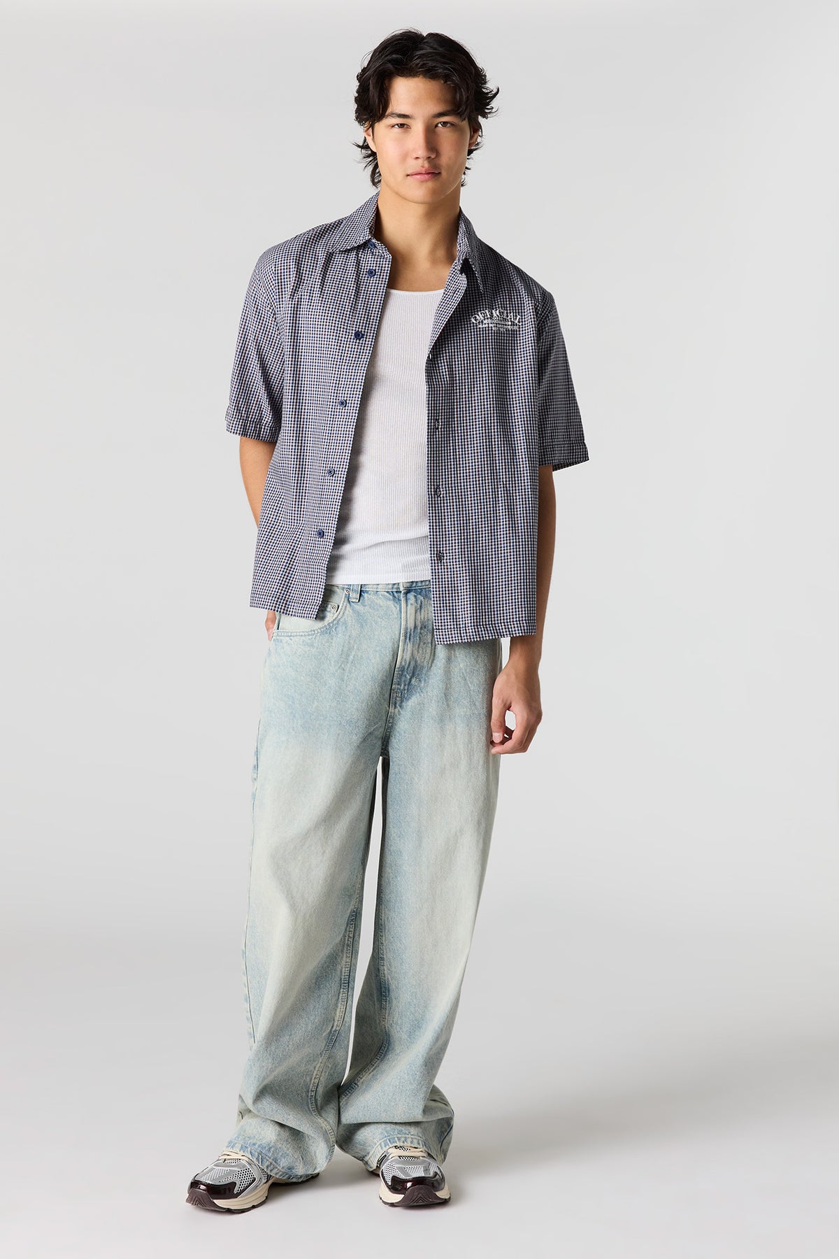 Alt View 3. Boxy Plaid Graphic Button-Up Top - Blue
