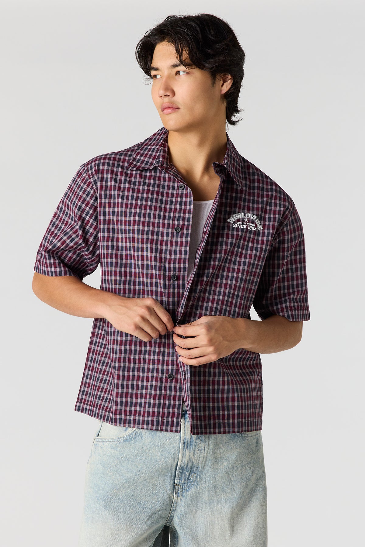 Boxy Plaid Graphic Button-Up Top - Burgundy