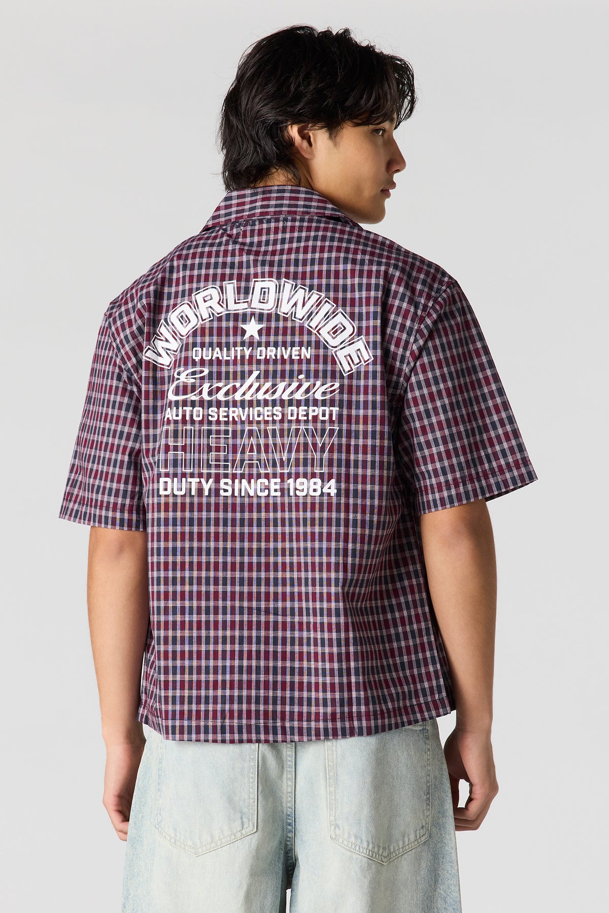 Alt View 2. Boxy Plaid Graphic Button-Up Top - Burgundy