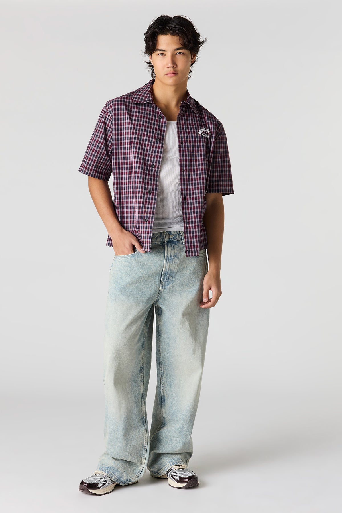 Alt View 3. Boxy Plaid Graphic Button-Up Top - Burgundy