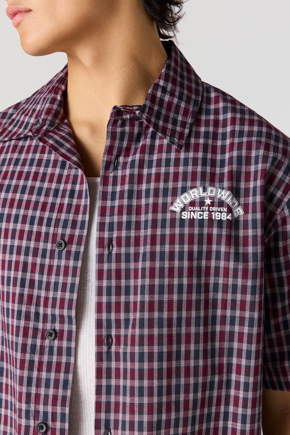Alt View 4. Boxy Plaid Graphic Button-Up Top - Burgundy