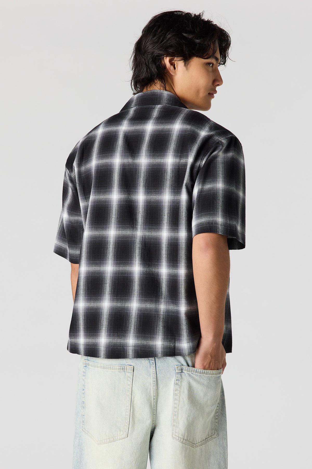Alt View 2. Boxy Plaid Button-Up Top - Black