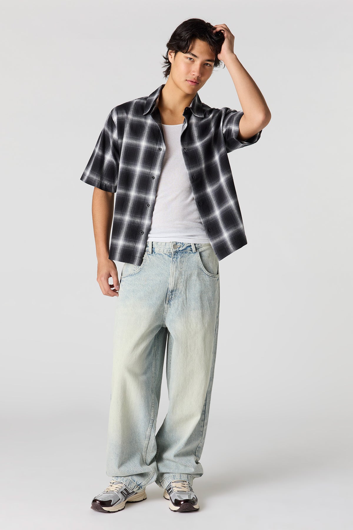 Alt View 3. Boxy Plaid Button-Up Top - Black