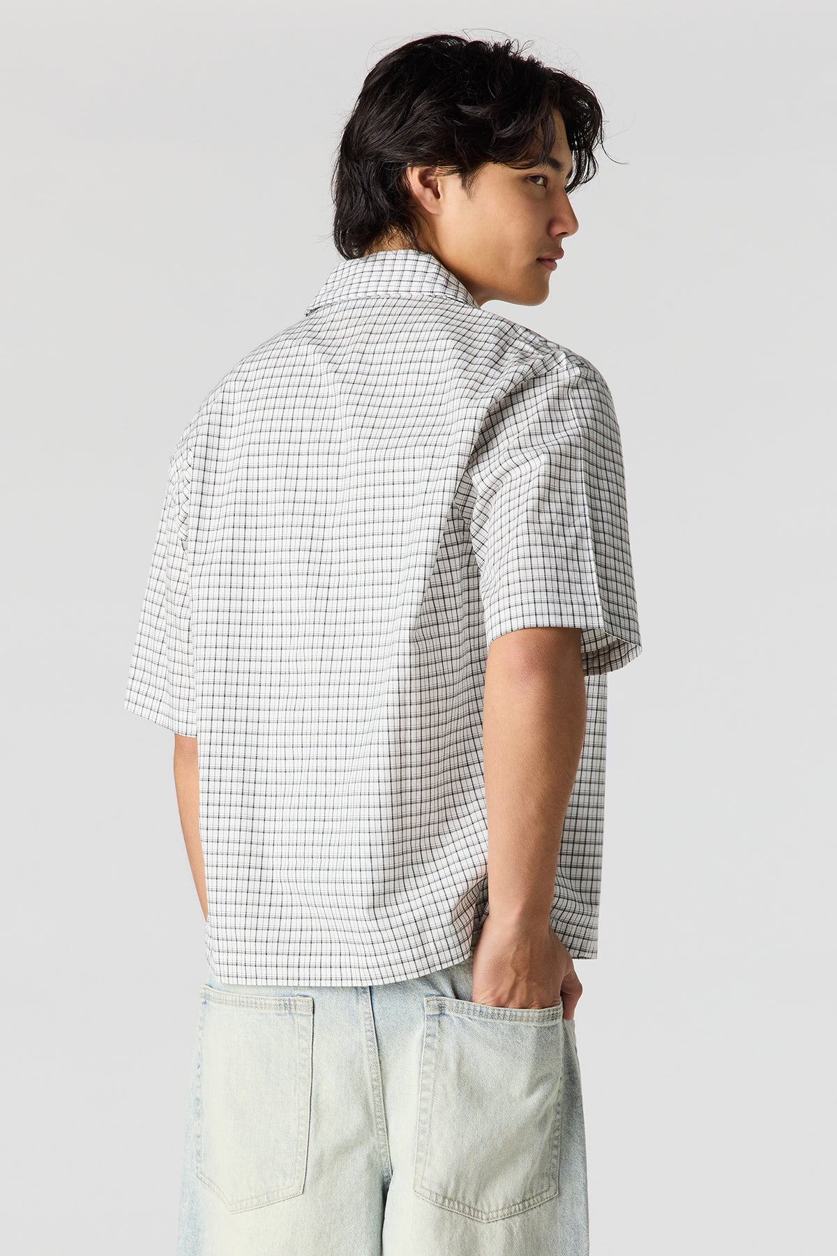 Alt View 2. Boxy Plaid Button-Up Top - White