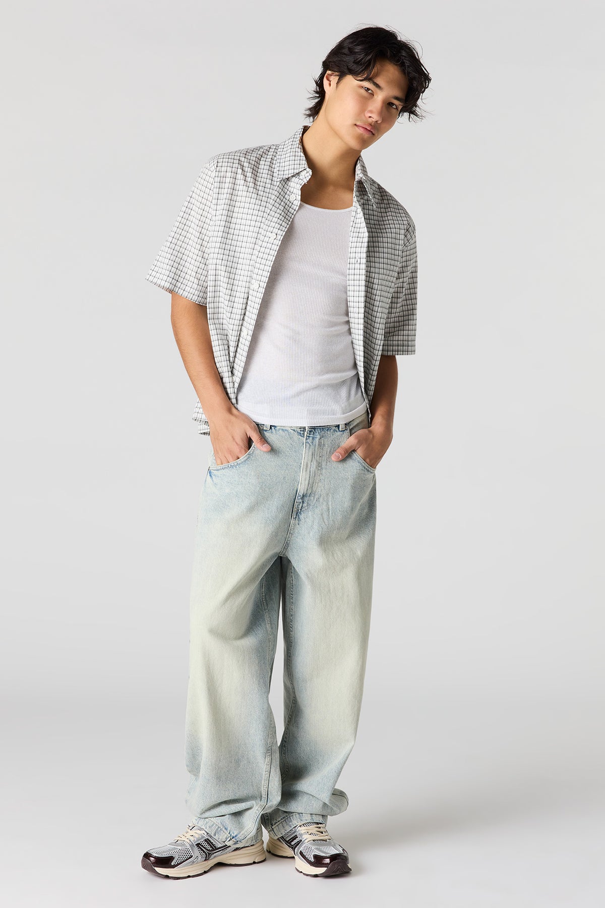 Alt View 3. Boxy Plaid Button-Up Top - White