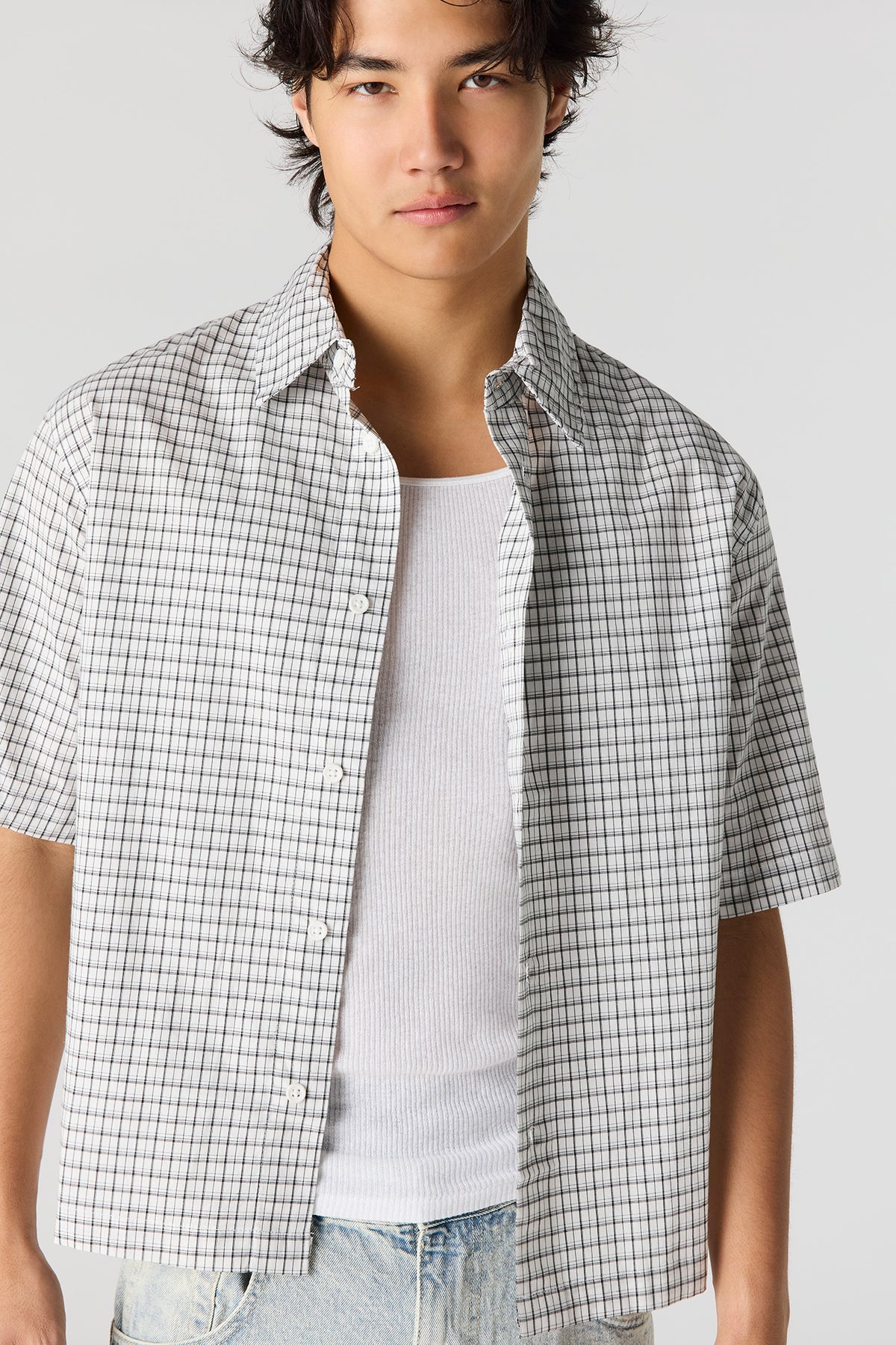 Alt View 4. Boxy Plaid Button-Up Top - White